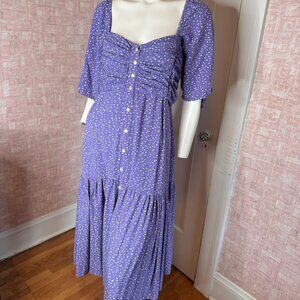 ELF Purple Polka Dot Ruched Tiered Puff Sleeve Rayon Long Dress sz XL